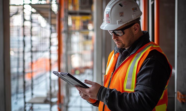 Construction safety technician inspecting a job site for compliance with health and safety protocols.