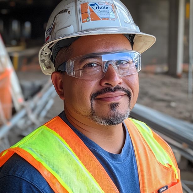 Carlos G., Construction Supervisor in his late 40s, wearing a safety helmet and reflective vest on a construction site