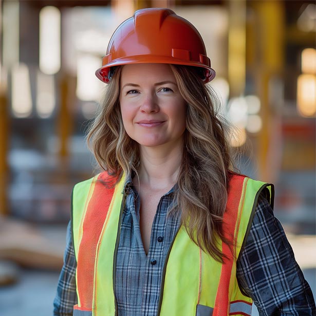 Jessica L., Safety Manager at Metro Construction, wearing a hard hat and safety vest on a construction site.