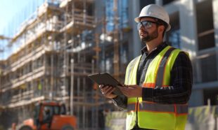 Construction site supervisor ensuring a safe work environment with PPE and safety protocols.