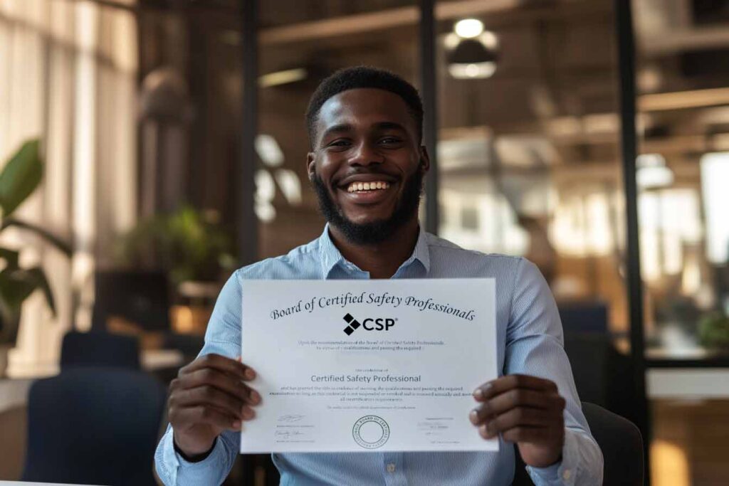 Black man proudly holding his Certified Safety Professional (CSP) certificate in an office