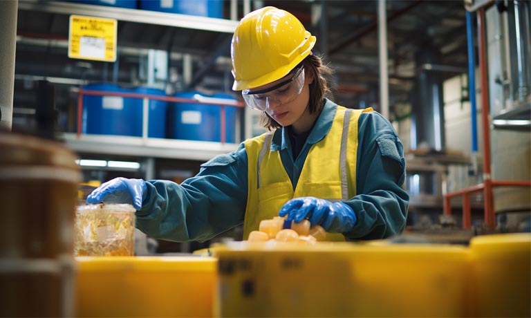 Early-career professional managing hazardous materials in a safety-compliant industrial setting.