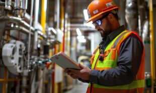 Safety professional reviewing safety procedures and equipment in an industrial setting.