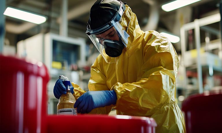 Certified Hazardous Materials Manager handling hazardous materials in a lab setting.