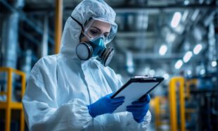 Industrial hygienist conducting air sampling and hazard evaluation in a factory environment.