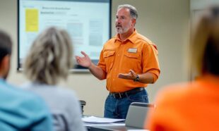 Safety trainer delivering SH&E training in a classroom setting.