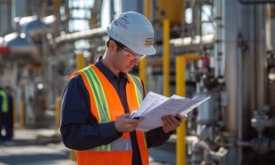 Environmental auditor conducting a compliance audit in an industrial setting.