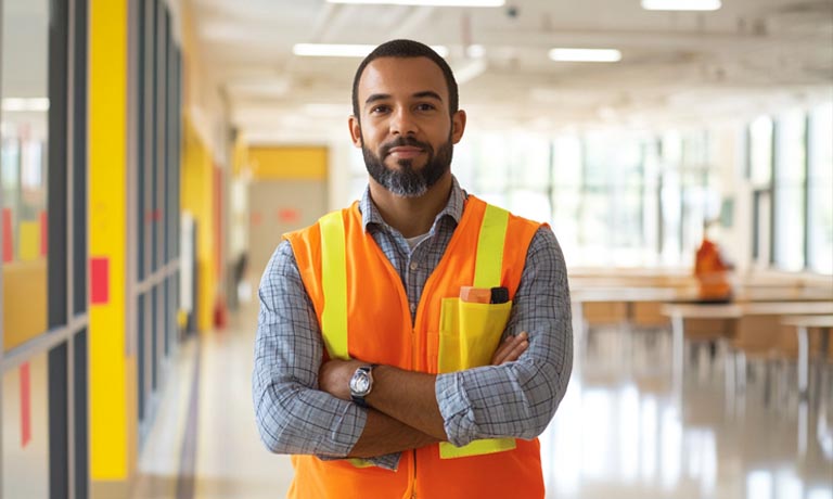 School safety manager overseeing safety protocols in an educational facility.