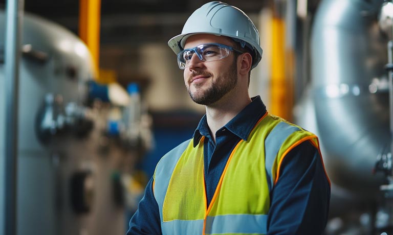 Occupational hygiene technician inspecting workplace safety and industrial hygiene protocols.