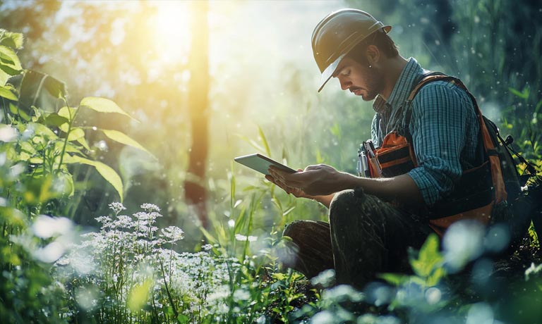 Environmental professional conducting assessments in a multi-media environment, using sampling tools and monitoring equipment.