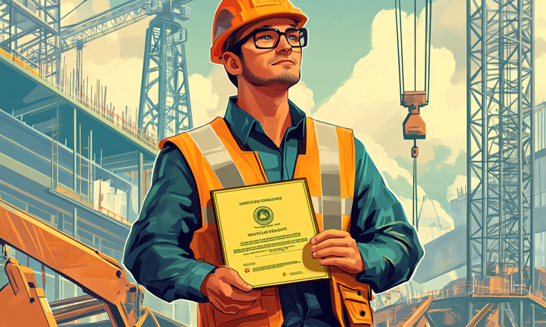 Safety professional standing with a certification at a construction site, symbolizing continuous learning.